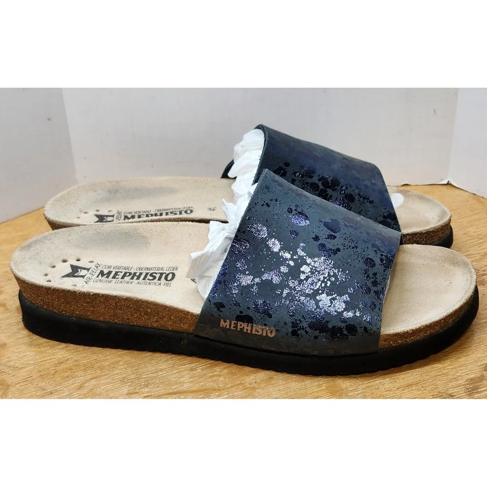 Mephisto Agave Metallic Blue Splatter Leather Slide Sandals Navy Mens 41